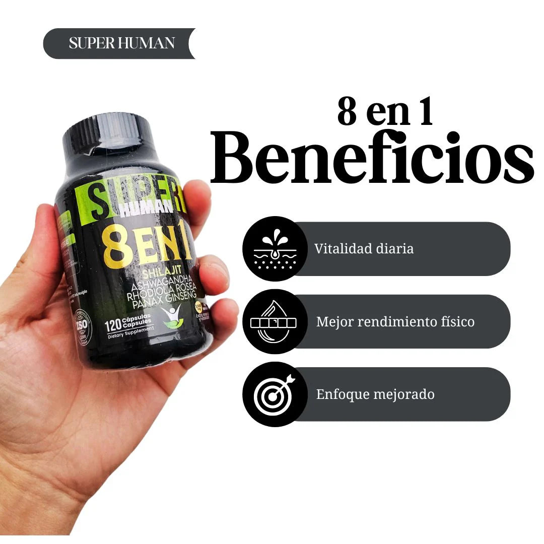 8 En 1 Cápsulas - Shilajit Ashwagandha Rhodiola Rosea Panax y Ginseng - 120 Cápsulas