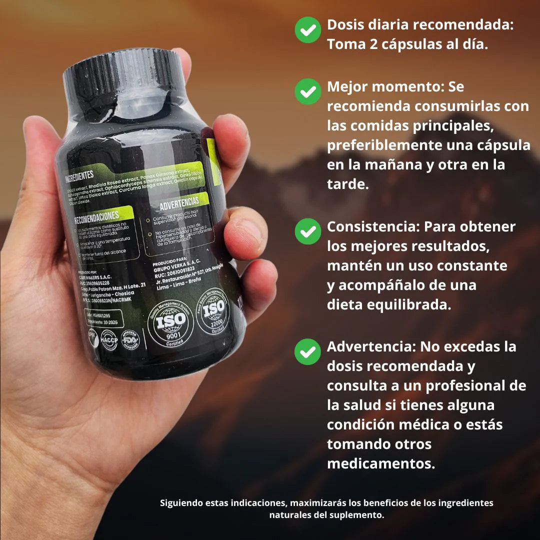 8 En 1 Cápsulas - Shilajit Ashwagandha Rhodiola Rosea Panax y Ginseng - 120 Cápsulas